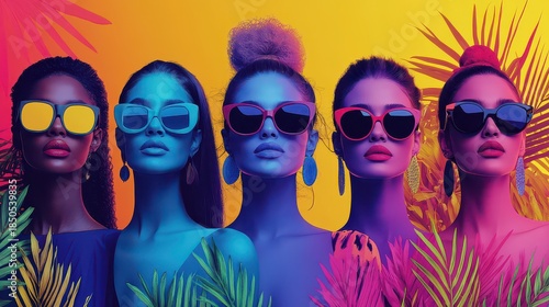 Five diverse women in sunglasses, vibrant color background, tropical leaves.