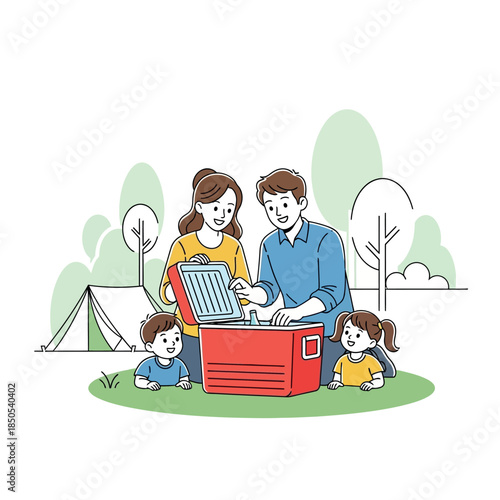 Family with kids using laptop on camping trip outdoors with cooler