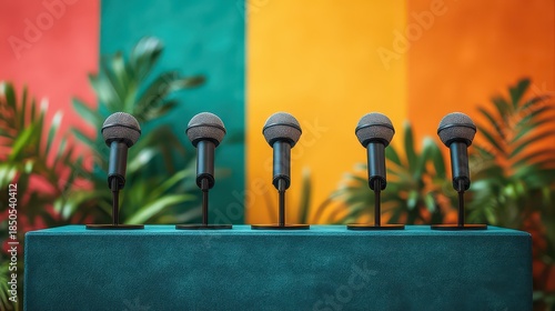 Five microphones on teal stand against colorful background.
