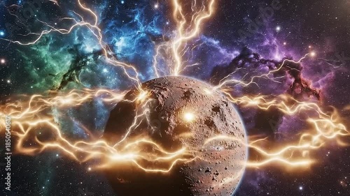 Electric storm engulfs a planet in vibrant nebula cosmic energy surge science.