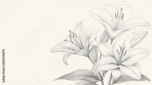 Delicate pencil drawing of three blooming lilies with graceful leaves on a soft blank background, evoking calm and elegant serenity