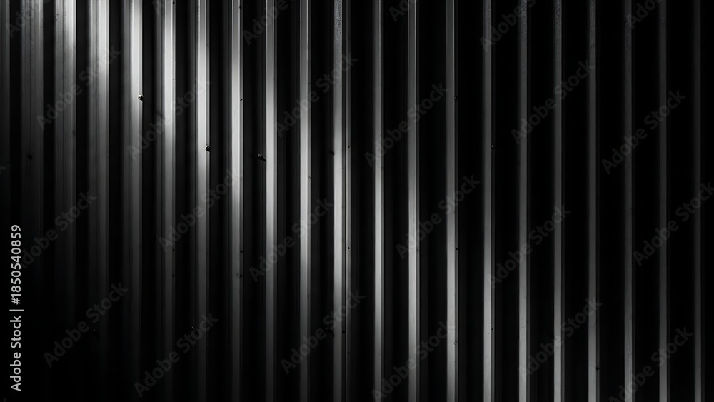 Obraz premium Close-up of a corrugated metal surface with vertical ridges and a light source casting reflections.