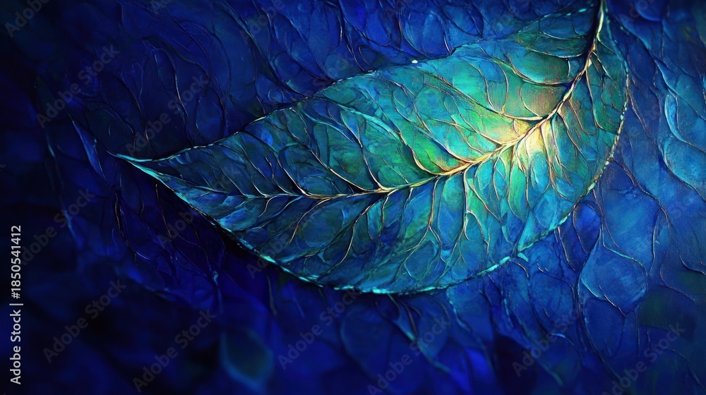 Obraz premium Glowing teal leaf with golden veins on textured deep blue surface, intricate organic pattern conveying serene and mystical calm