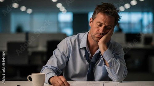 Tired Male Office Worker in Button-Down Shirt Looking Exhausted at Desk with Coffee in Modern Workplace