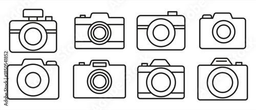 Collection of line camera icons, photo camera icons in various styles, isolated on transparent background, vector illustration.