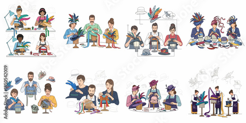 Millinery workshop vector illustrations: group of artisans creating and decorating fashionable hats with colorful feathers and ribbons on wooden blocks.