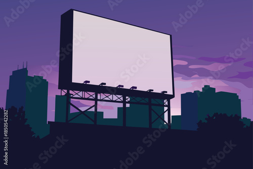 Showcase your brand on a large outdoor billboard against a beautiful twilight cityscape background, a high-impact advertising spot under a colorful sky