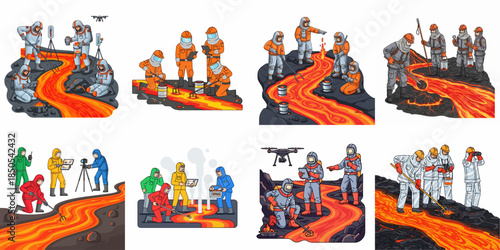 Volcanology Research Scenes Collection: Scientists in Protective Suits Studying and Sampling Flowing Lava, Volcano Heat Science Investigation.