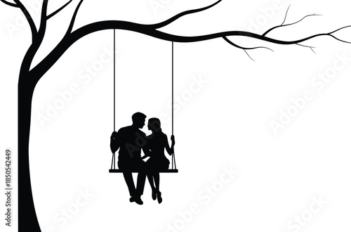 Romantic couple on swing silhouette, tree branch scene, emotional connection vector illustration for love, nature, intimacy, relationship, and peaceful moments