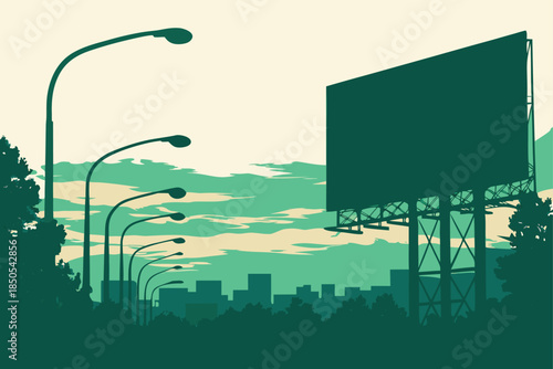 Modern billboard design for city advertising campaigns, perfect for urban marketing strategies and outdoor promotions in a vibrant, stylized scene.