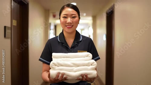 Hotel Staff Member Carrying Fresh Towels in Hallway.