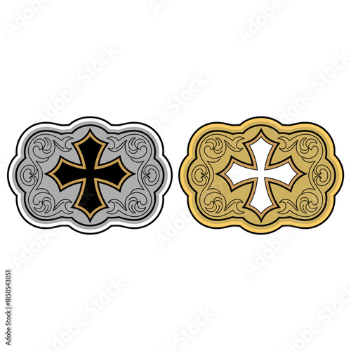 Western Cowboy Badge with Cross and Star, Rodeo Style Belt Buckle, Decorative Floral Frame, Stylized Wild West Emblem, Vector Illustration, Vintage Western Design, Cowboy Hat Icon, Rodeo Graphic