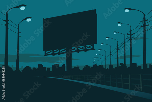 Urban billboard at night with city skyline provides dynamic advertising space for branding campaigns and outdoor marketing in a modern urban setting
