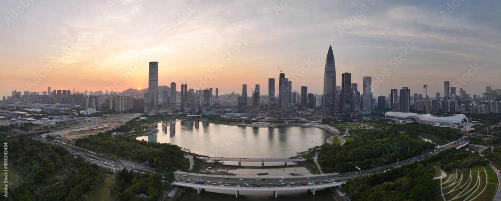 Obraz premium Aerial shot of the night view of Talent Park at China Resources Building, Nanshan District, Shenzhen