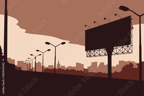 Urban billboard scene with city skyline in sepia tones, perfect for advertising or city life concepts, offering a vintage or retro feel, with skyline view