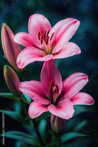 Two pink lilies in bloom with unopened buds and green leaves against a dark teal background, delicate and serene close-up