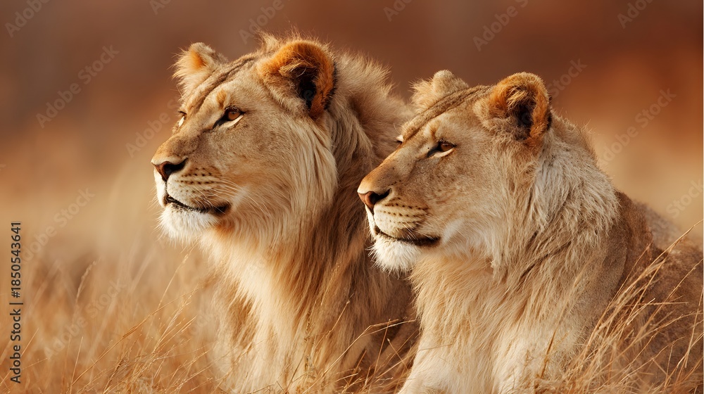 Fototapeta premium Two majestic lions gaze into the distance, exuding power and grace.