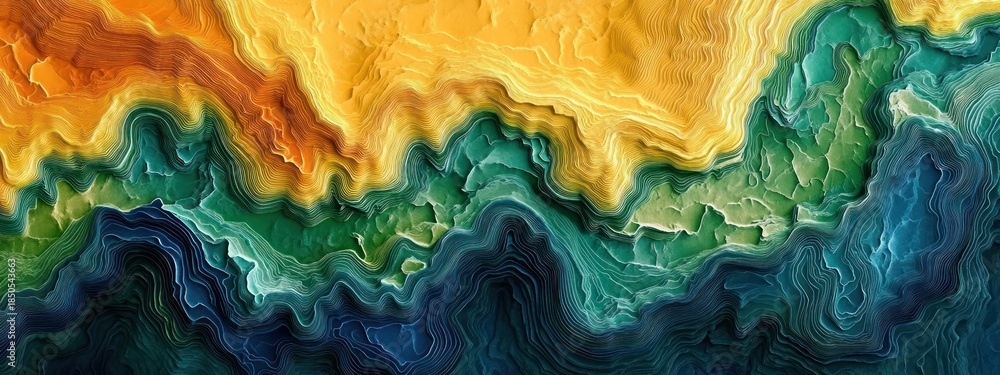 Obraz premium panoramic layered topographic abstract with flowing contour ridges in warm yellow, green and deep blue, textured strata suggesting dynamic, vibrant and serene terrain