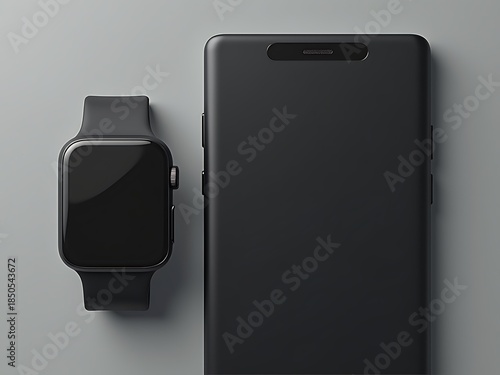 Matte black smartphone and smartwatch mockup .