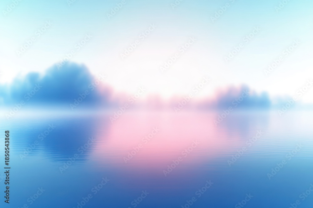 Obraz premium Misty pastel sunrise over a calm lake with blurred tree silhouettes and soft reflections, tranquil and serene atmosphere