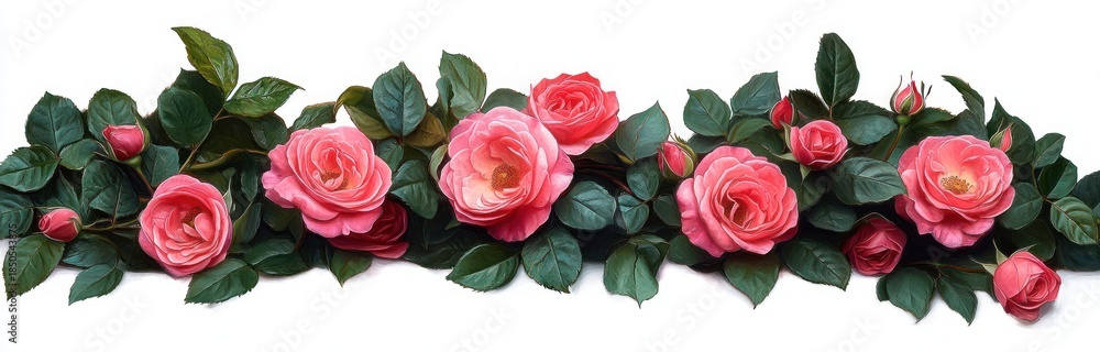 Naklejka premium horizontal garland of pink roses and buds with lush green leaves on white background, elegant romantic and delicate floral arrangement