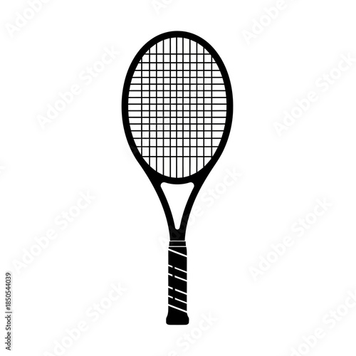 Black and White Tennis Racket Illustration on White Background.