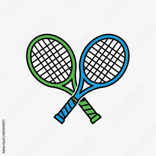Crossed Tennis Rackets Green and Blue Sports Equipment Illustration.