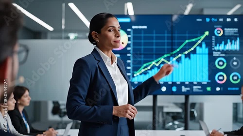 A confident Indian businesswoman delivers a dynamic presentation in a modern corporate boardroom, showcasing financial growth and data analysis on a large interactive digital screen to her attentive .
