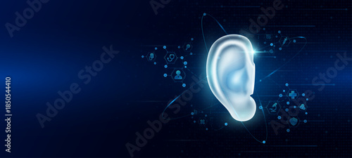 Health care medical. Human ear organ hologram transparent in the ring line with icon digital medical technology. On dark blue background. Science banner vector.
