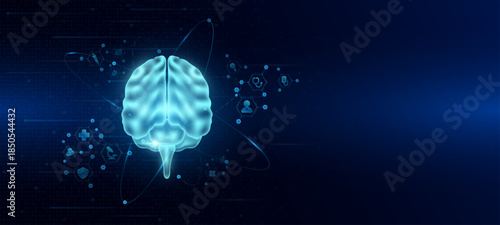 Health care medical. Human brain organ hologram transparent in the ring line with icon digital medical technology. On dark blue background. Science banner vector.