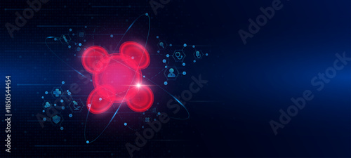 Health care medical. Human erythrocyte hologram transparent in the ring line with icon digital medical technology. On dark blue background. Science banner vector.