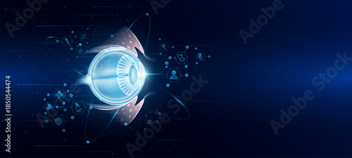 Health care medical. Human eyeball organ hologram transparent in the ring line with icon digital medical technology. On dark blue background. Science banner vector.