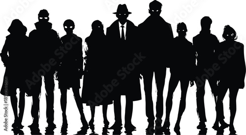 Mysterious group silhouette with glowing eyes standing against a stark