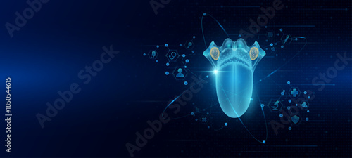 Health care medical. Human tongue organ hologram transparent in the ring line with icon digital medical technology. On dark blue background. Science banner vector.
