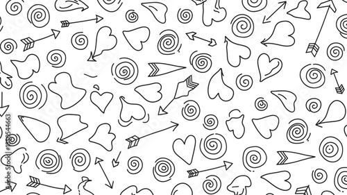 Black and white illustration of various heart shapes and arrows
