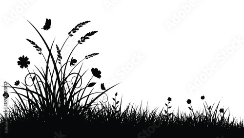 Black Silhouette of Lush Meadow Grass with Delicate Flowers and a Butterfly in Flight
