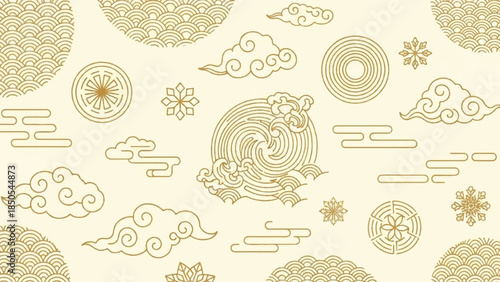 Elegant Golden Oriental Seamless Pattern with Traditional Asian Clouds, Waves, and Geometric Floral Motifs for Decorative Designs