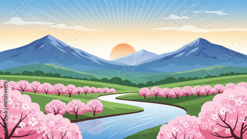 Vibrant spring landscape featuring a tranquil river, blooming cherry blossom trees, and majestic mountains at sunrise