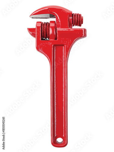 Bright red adjustable pipe wrench tool on a clean studio shot