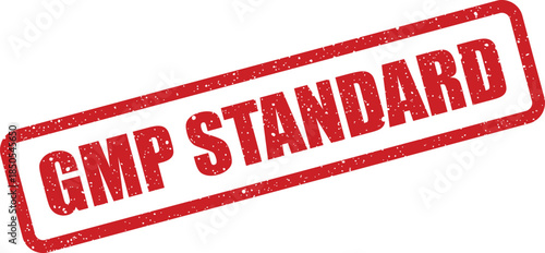 Textured red rectangular stamp with GMP STANDARD text indicating required manufacturing guidelines