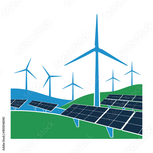 Blue wind turbines and solar panels on green hills energy.