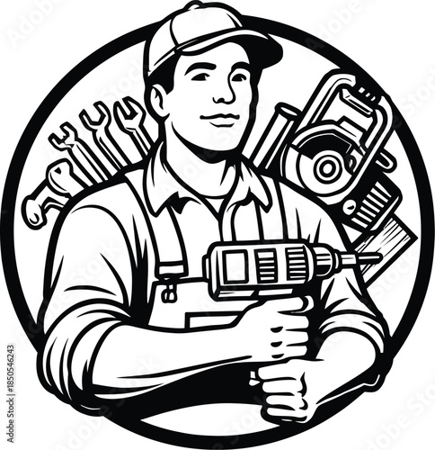 Black and white logo design of a confident handyman holding a power drill tool