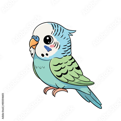 A colorful blue and green parrot with a large eye looks sideways with