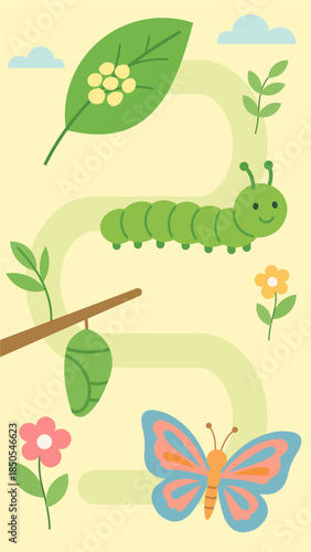 Cute Butterfly Life Cycle Illustration with Caterpillar and Chrysalis
