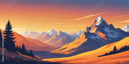Majestic mountain range bathed in the warm golden light of a serene sunset.