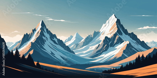 Stylized alpine mountains with rich gradients and clean lines, professional vector landscape design.