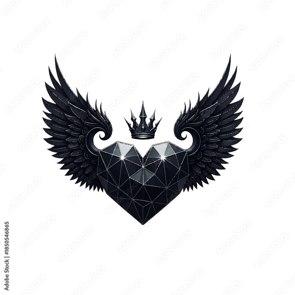 Fototapeta premium Winged Diamond Heart with Crown Icon