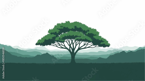 Stylized illustration of a lush green tree with a broad canopy set against rolling hills in shades of green