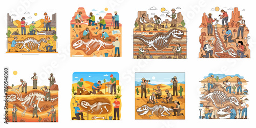 Scientists and archaeologists excavating ancient dinosaur fossils and skeletons in various desert field research sites.