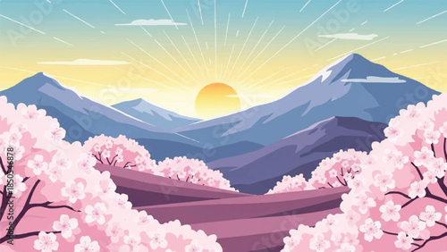 Sunrise over serene mountain peaks adorned with blooming cherry blossoms, painting a vibrant and tranquil spring landscape scene